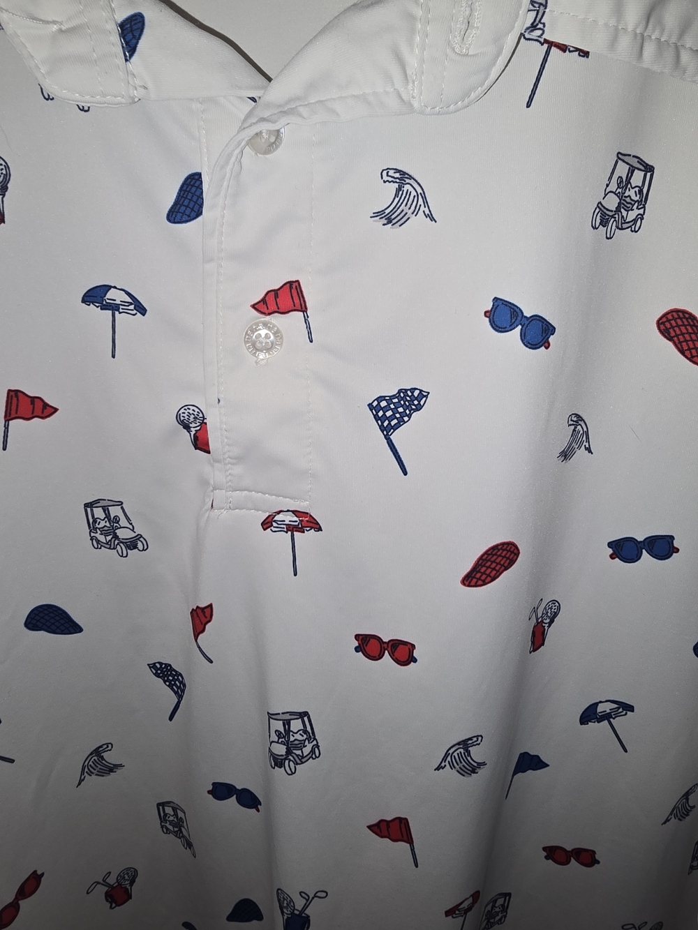 Men's White Polo Shirt with Red & Blue Golf Print